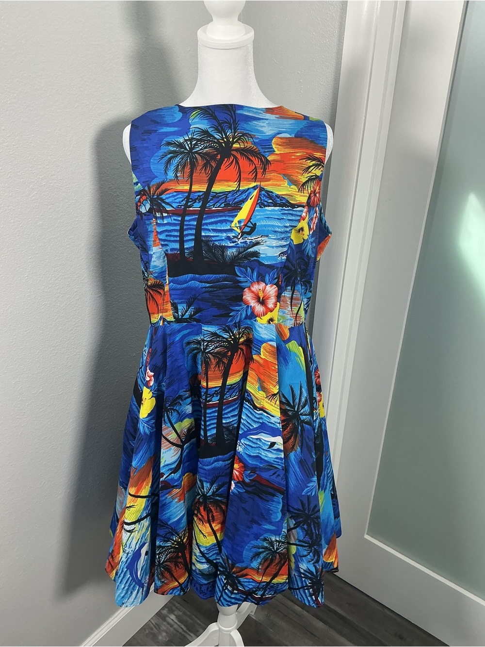Hawaii Hangover Retro Blue Tropical Sunset Fit Flare Aloha Dress Size XL
